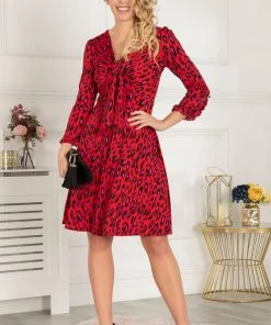 Jolie Moi Red Ruffle Cuff Jersey Dress
