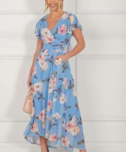 Jolie Moi Blue Eliza Dip Hem Mesh Maxi Dress