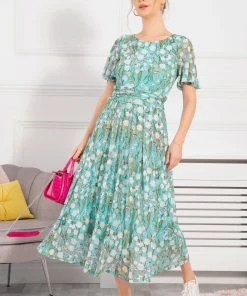 Jolie Moi Green Gianna Print Mesh Maxi Dress