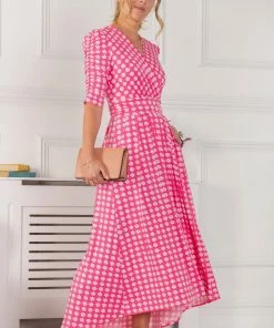 Jolie Moi Pink Elenora Ruched Sleeve Maxi Dress