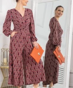 Jolie Moi Red Devora Long Sleeve Jumpsuit -Jolie Moi Sales unnamed file 1394