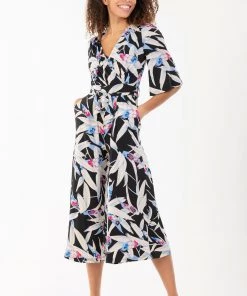 Jolie Moi Cara Black Leaf Print Wrap Jumpsuit