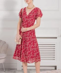 Jolie Moi Red Stacy Cross Front Mesh Dress