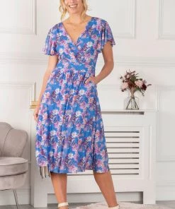 Jolie Moi Blue Kaylynn Wrap Mesh Dress