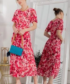 Jolie Moi Pink Gianna Print Mesh Maxi Dress