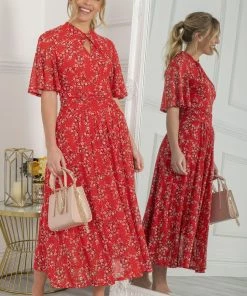 Jolie Moi Carina Red Key Hole Neck Mesh Dress