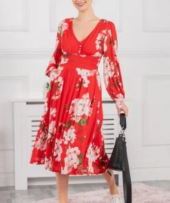 Jolie Moi Red Gianna Long Sleeve Mesh Dress