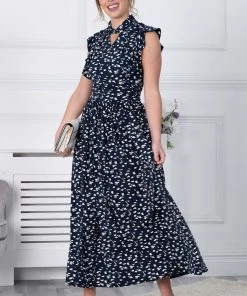 Jolie Moi Blue Ruffle Shoulder Maxi Dress