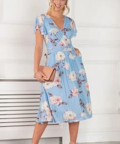 Jolie Moi Blue Kiley Wrap Front Mesh Dress