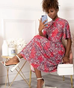 Jolie Moi Red Turtle Neck Mesh Maxi Dress