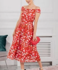 Jolie Moi Red Bardot Neck Mesh Midi Dress -Jolie Moi Sales unnamed file 467