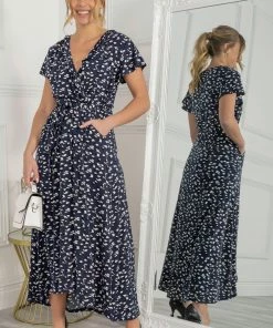 Jolie Moi Blue Wrap Dip Hem Maxi Dress