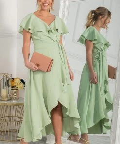 Jolie Moi Green Vella Frill Wrap Maxi Dress