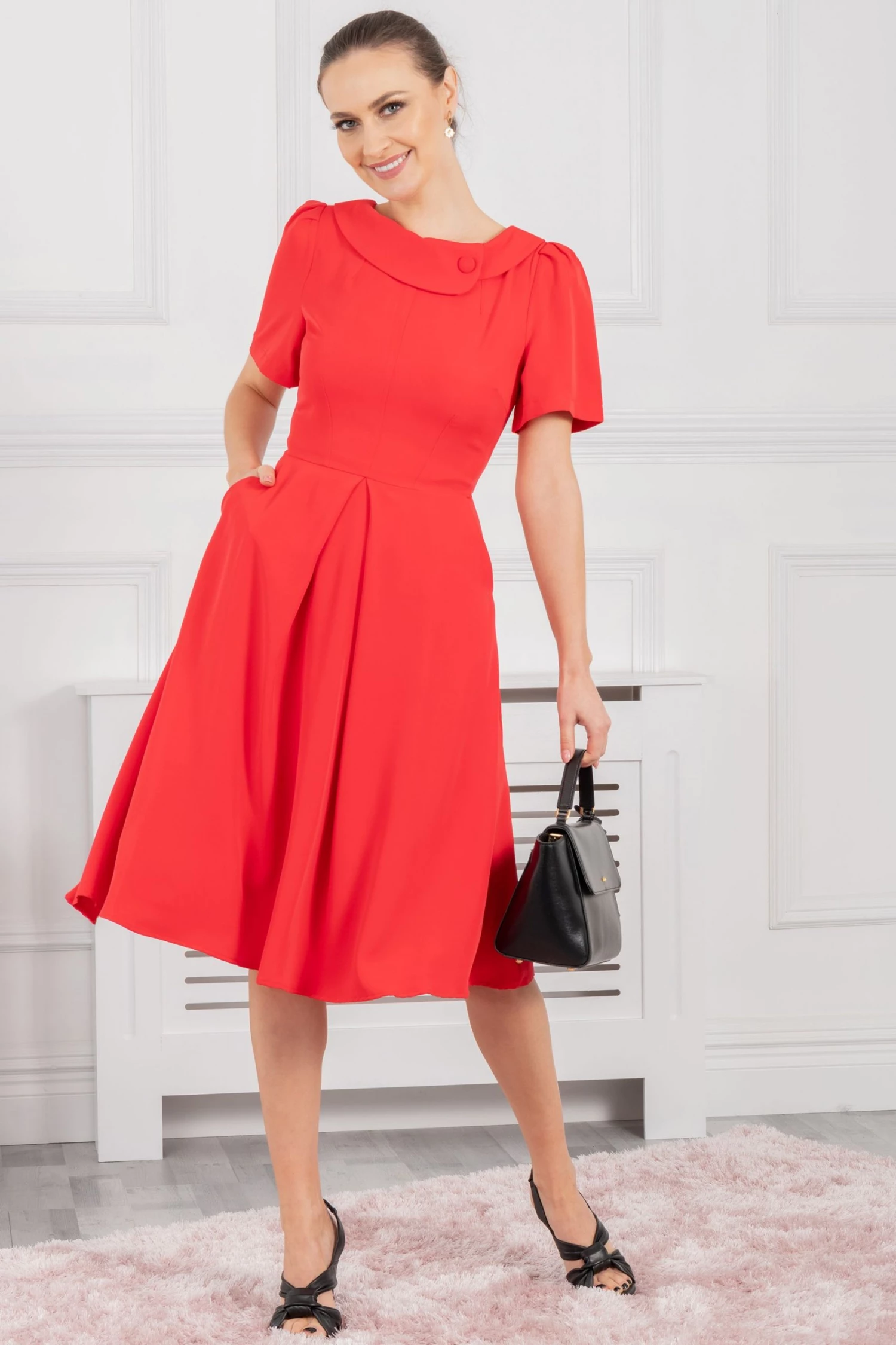 Jolie Moi Red Debora Button Neck Dress 3 Jolie Moi Red Debora Button Neck Dress