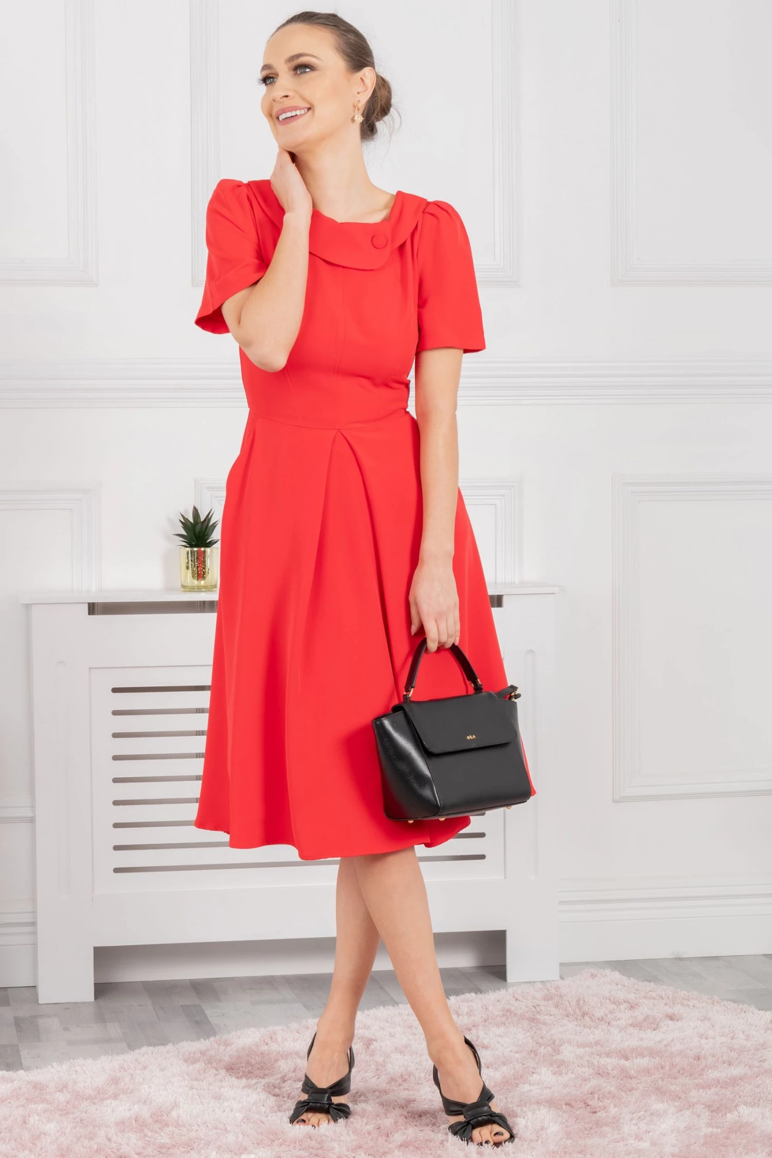 Jolie Moi Red Debora Button Neck Dress 4 Jolie Moi Red Debora Button Neck Dress - Image 2