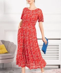 Jolie Moi Red Flare Sleeve Mesh Maxi Dress -Jolie Moi Sales unnamed file 592