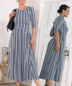 Jolie Moi Cierra Blue 3/4 Sleeve Maxi Dress
