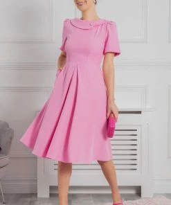Jolie Moi Debora Pink Button Neck Dress