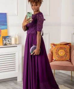 Jolie Moi Purple Wendy Lace Overlay Maxi Occasion Dress