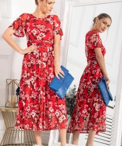 Jolie Moi Red Gianna Print Mesh Maxi Dress