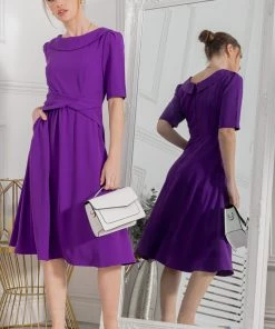 Jolie Moi Purple Beckie Fold Over Neck Dress